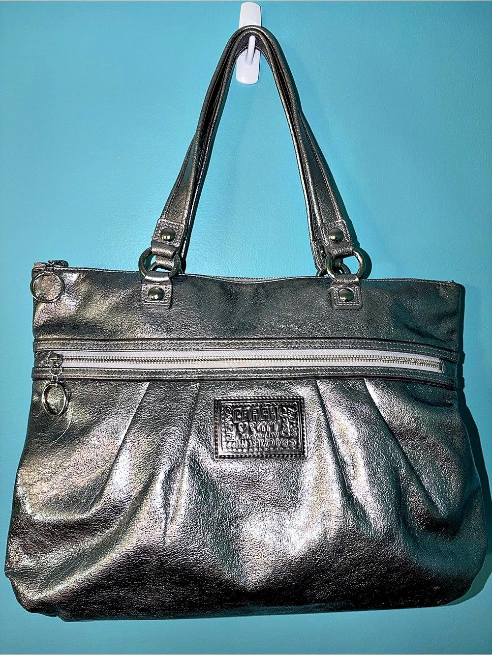 Coach Poppy Metallic Glam Tote Leather Black & Green